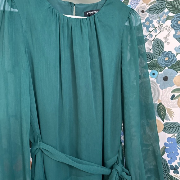EXPRESS Long Sleeve Tie Waist Tiered Ruffle Fit And Flare Dress Small Green - Picture 7 of 14